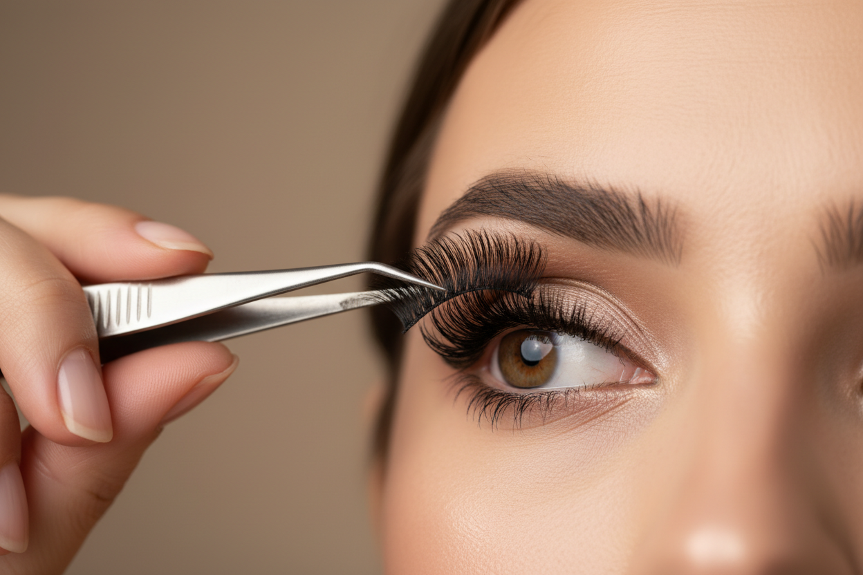 someon applying eyelashes